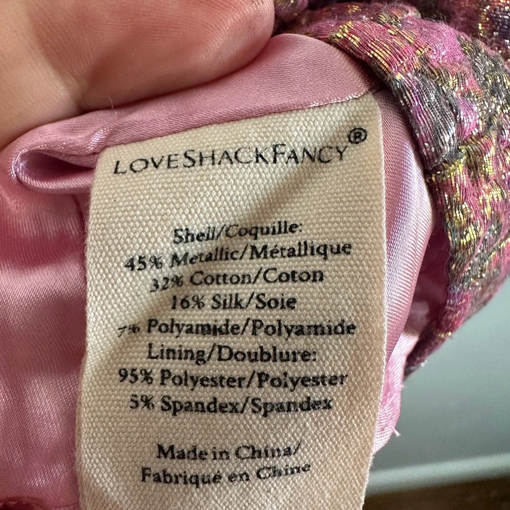LOVESHACKFANCY Acelin Dress Pink Gold Metallic Jacquard Strapless Ruched Mini 10 - Picture 6 of 11